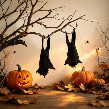 Two black bat-shaped hanging decorations suspended from bare tree branches in a Halloween-themed scene with pumpkins, spiderwebs, autumn leaves, and warm string lights.