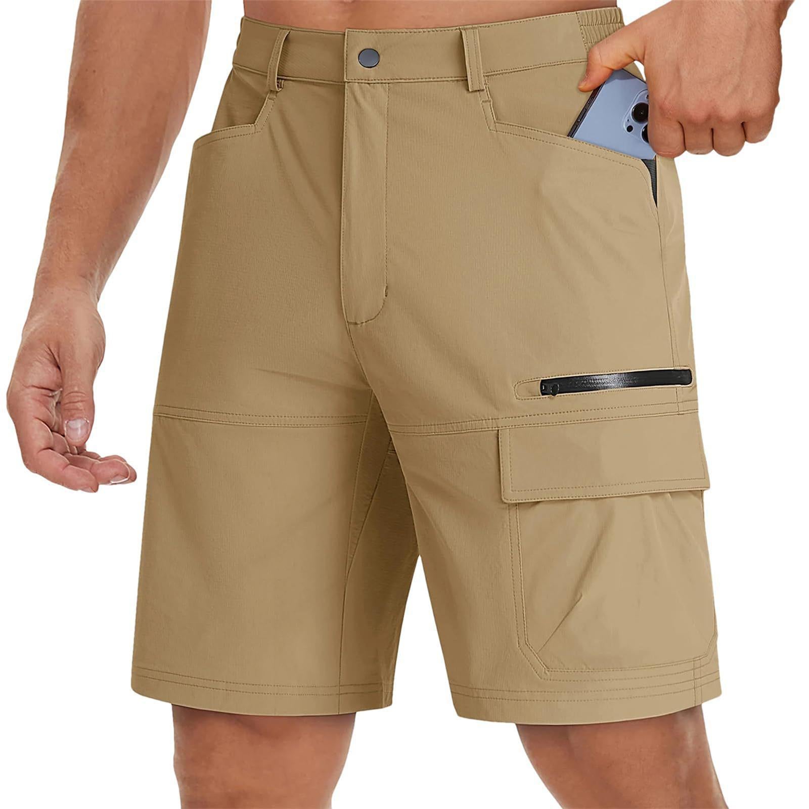 Beige cargo shorts worn by a person on a white background