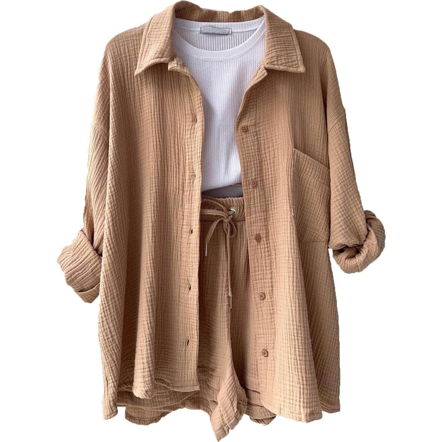 ZA-Zola beige textured shirt and shorts set with white ribbed top, stylish UK fashion