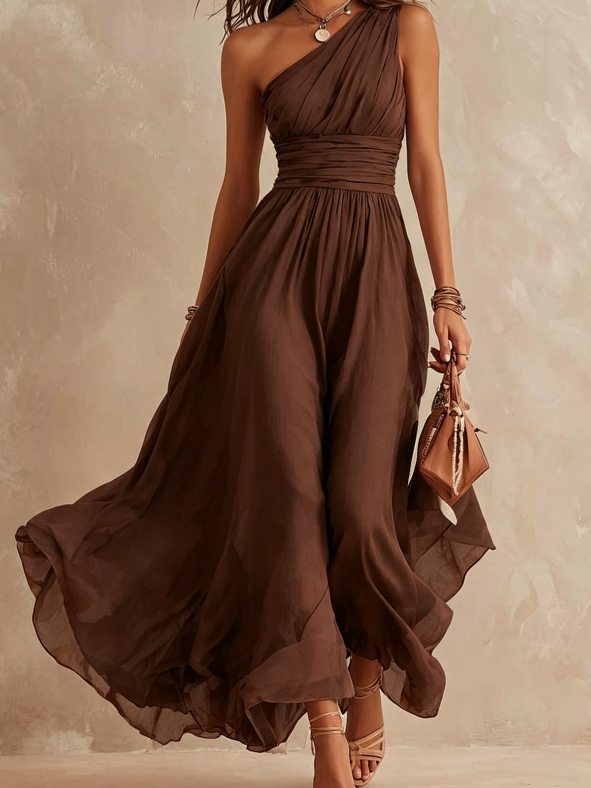 A woman wearing a flowing one-shoulder midi dress in dark brown, holding a matching brown handbag against a textured beige studio backdrop.