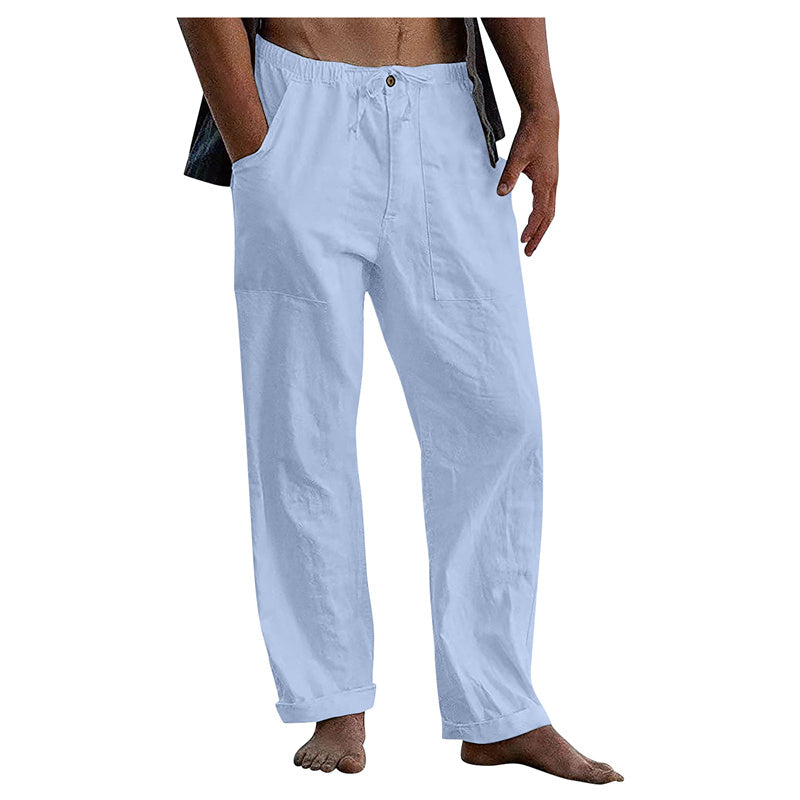 Light blue pants worn by a person on a white background