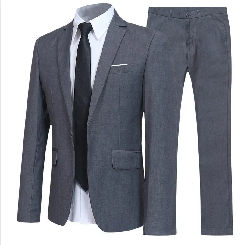 Gray suit jacket, white shirt, black tie, and gray pants on a white background