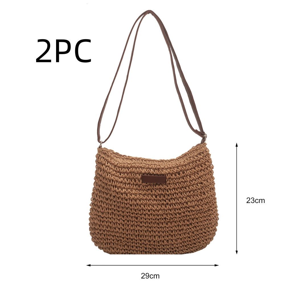 Brown woven handbag with a strap, dimensions indicated on a white background