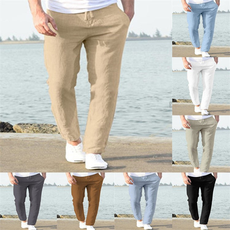 Collage of people wearing different types of pants by a waterfront.