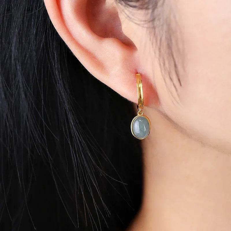 925 Silver Blue Water Jade Egg Earrings for Women - ZA-Zola