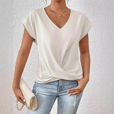 V-Neck Irregular Knot Summer T-Shirt for Women - ZA-Zola