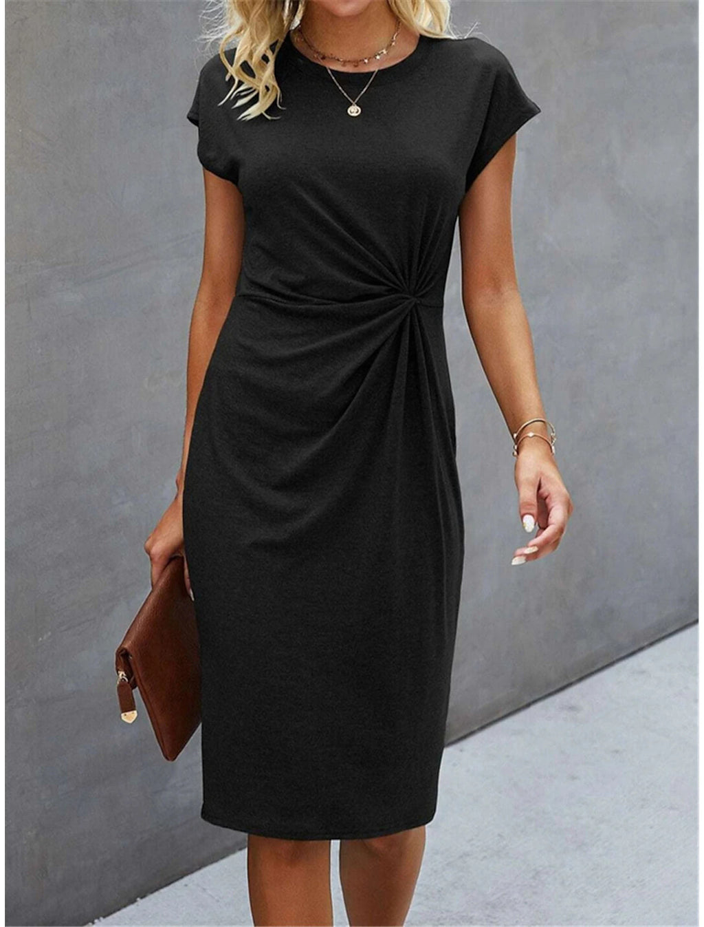 Women's Casual Front Knot Round Neck Midi Bodycon Dress
