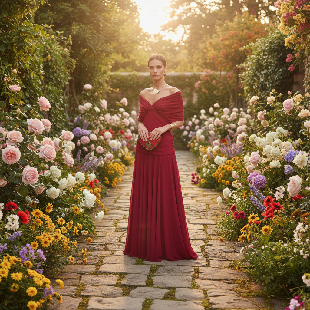 Red off-shoulder dress with a matching heart-shaped clutch background of flowers and pavement.