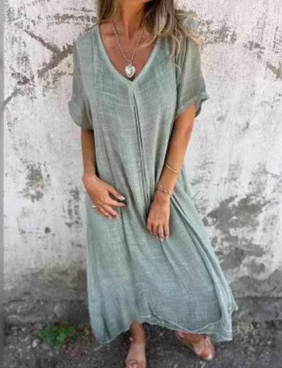 Cotton Linen V-Neck Semi-Formal Midi Dress - ZA-Zola