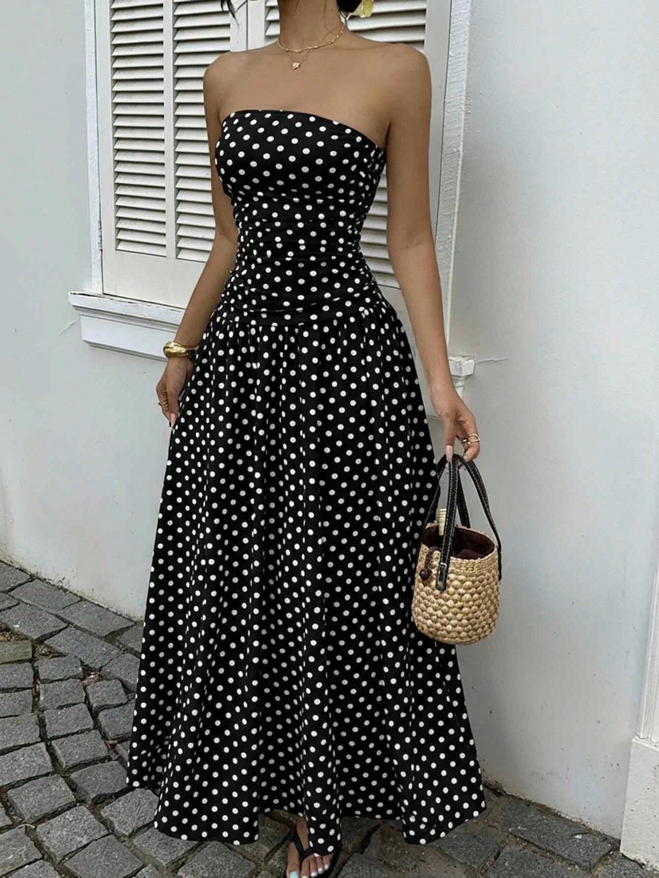 Elegant Polka Dot Off Shoulder Dress – Strapless High Waist Party Outfit