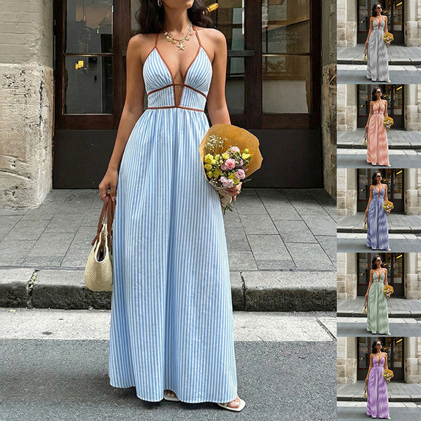 Woman in a long blue striped dress holding flowers, with multiple color options displayed.