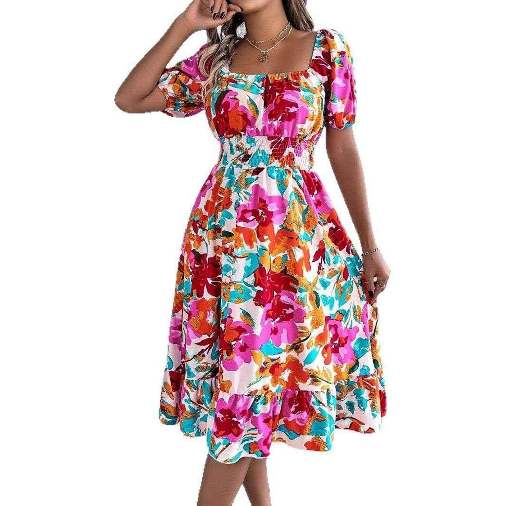 Floral Ruffle A-Line Dress – Square Neck - ZA-Zola