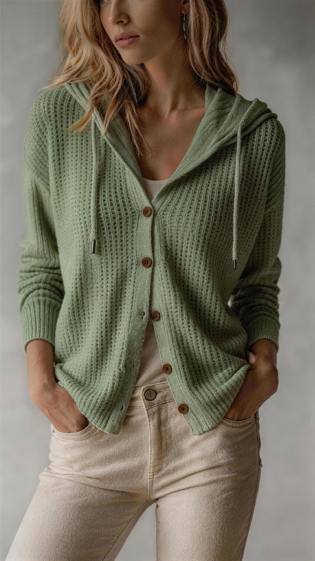 Woman wearing a green knitted cardigan with brown buttons against a neutral background