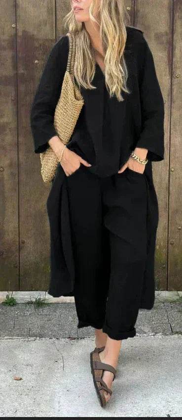 Loose V-Neck Set With Pockets – 2pcs Suit - ZA-Zola