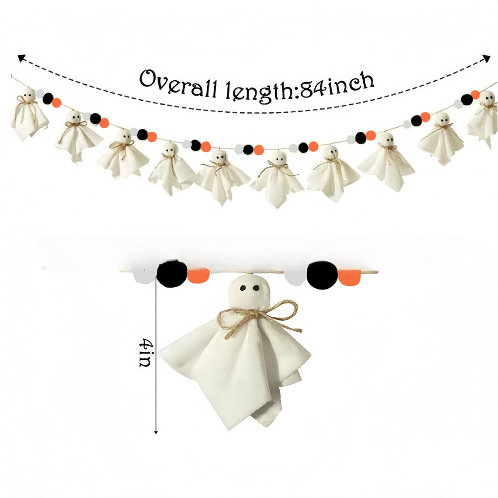 Halloween ghost garland banner with fabric ghosts and orange and black pom-poms, shown with measurement annotations indicating an overall length of 84 inches and a height of 4 inches.