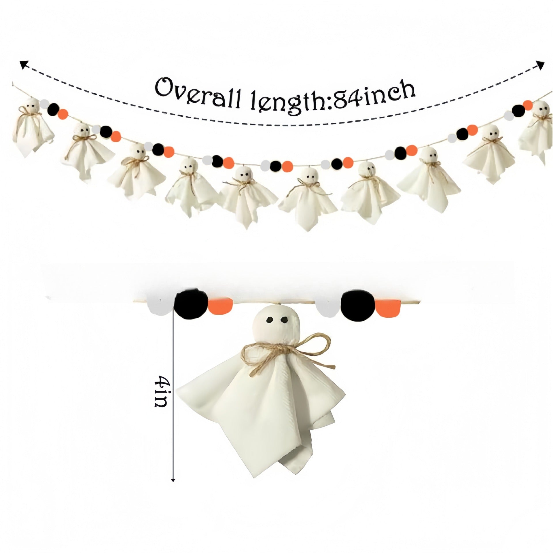 Halloween ghost garland banner with fabric ghosts and orange and black pom-poms, shown with measurement annotations indicating an overall length of 84 inches and a height of 4 inches.