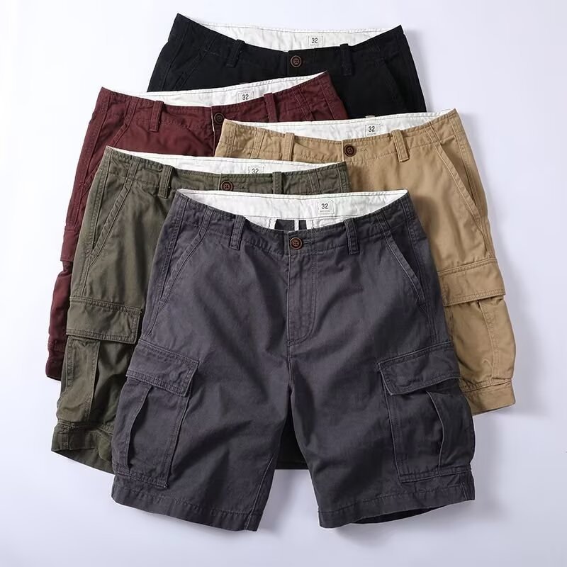 Set of six cargo shorts in different colors on a white background