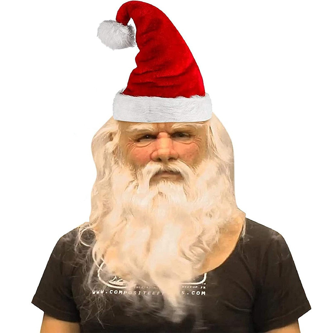 Person wearing a Santa Claus mask with a red hat and white beard on a white background