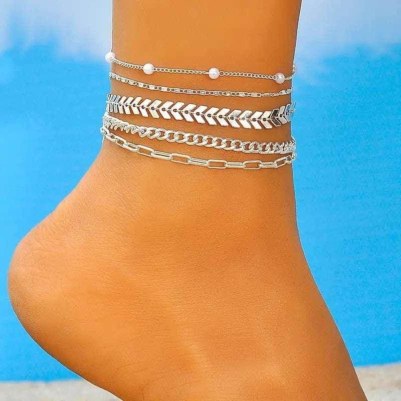 Summer 5-Piece Pearl Anklet Set for Women - ZA-Zola