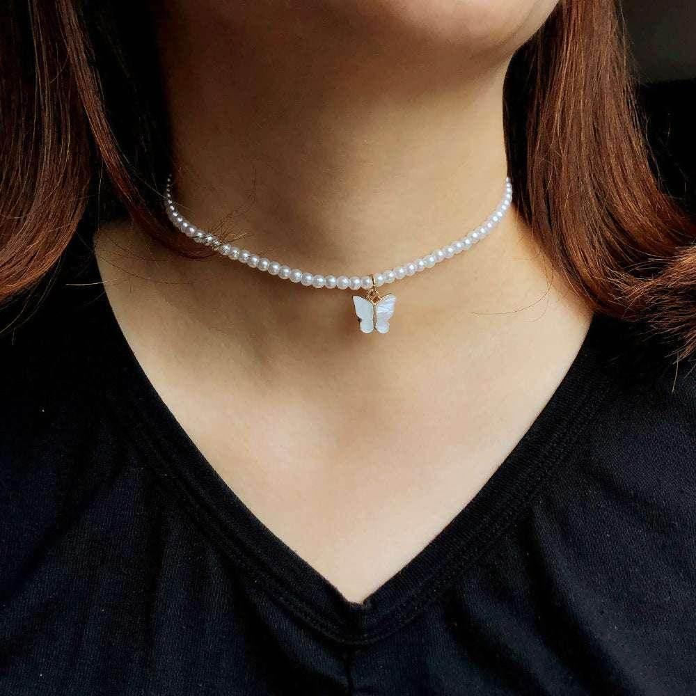 Elegant Pearl Choker with Butterfly Pendant - ZA-Zola