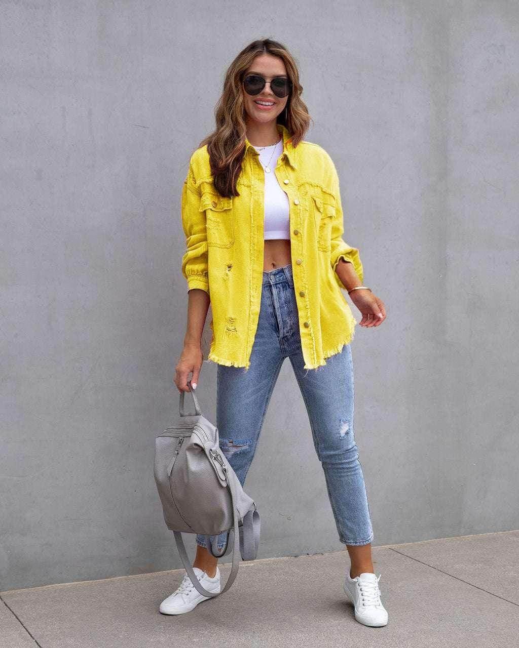 Women’s Ripped Shirt Jacket – Casual Mid-Length - ZA-Zola