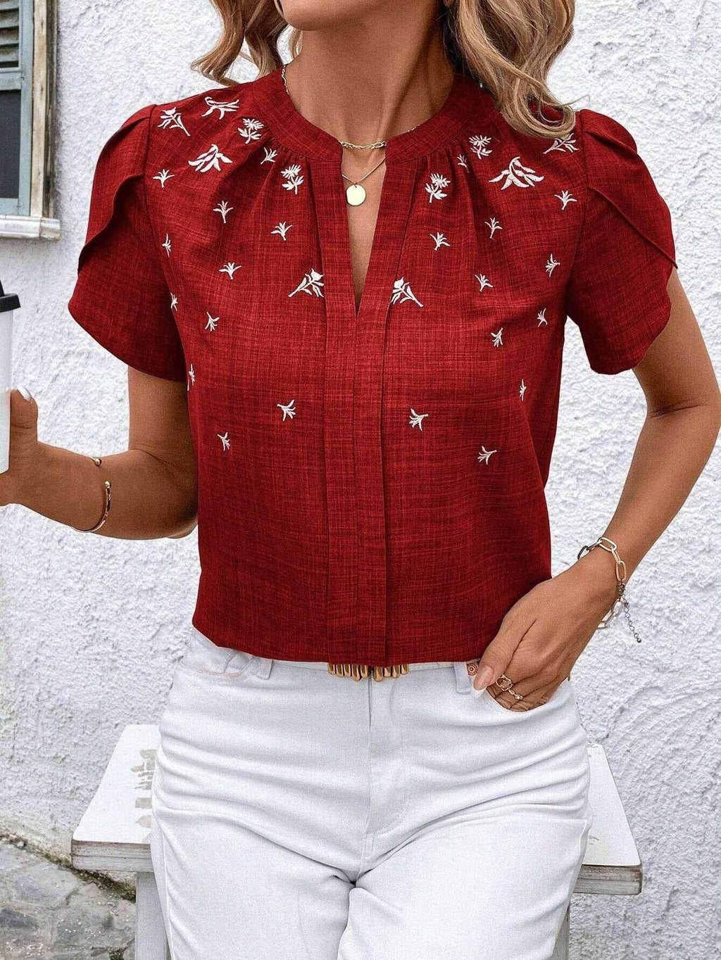 Half-Open Collar Printed Short Sleeve Blouse - ZA-Zola