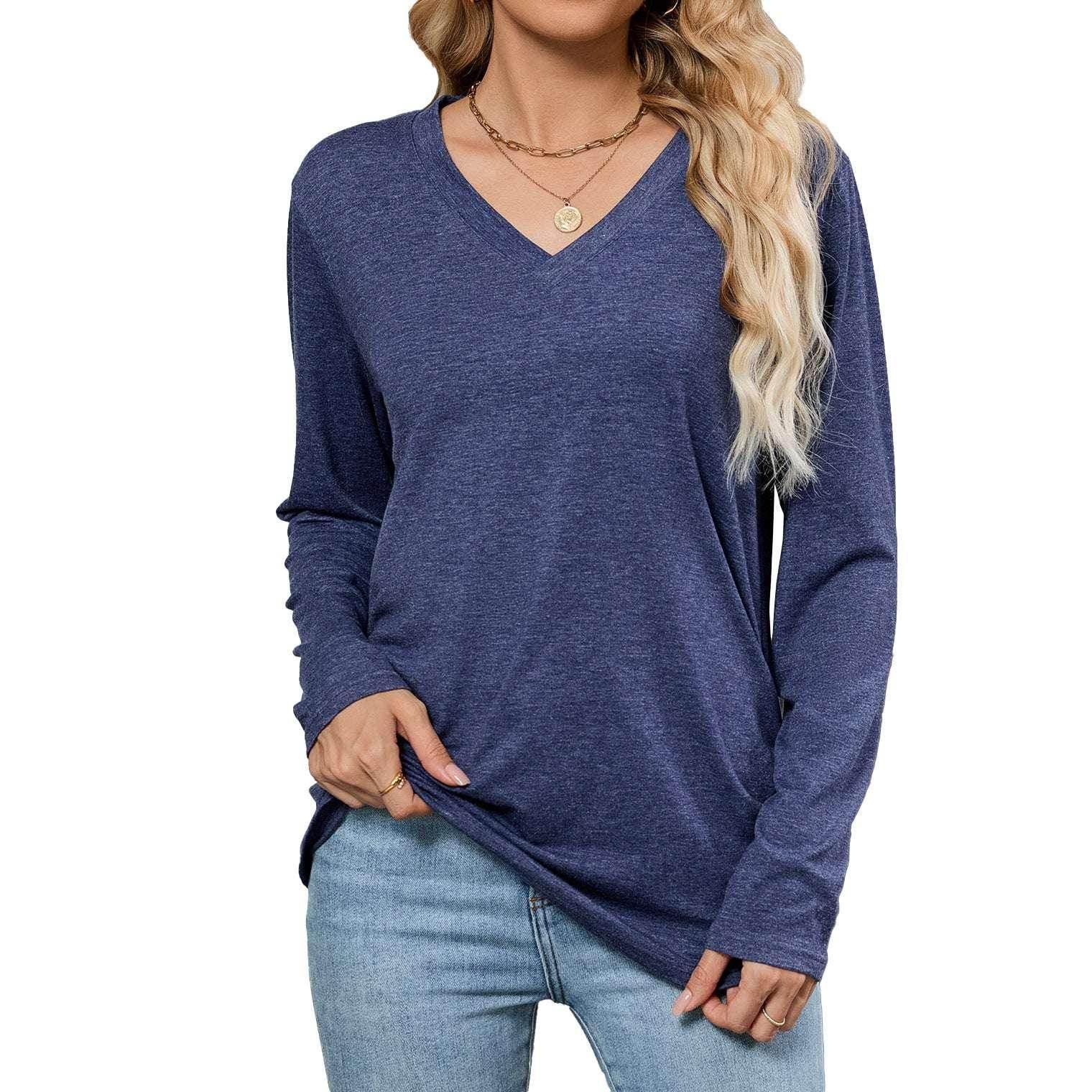 Loose V-Neck Pullover Long Sleeve T-Shirt - ZA-Zola