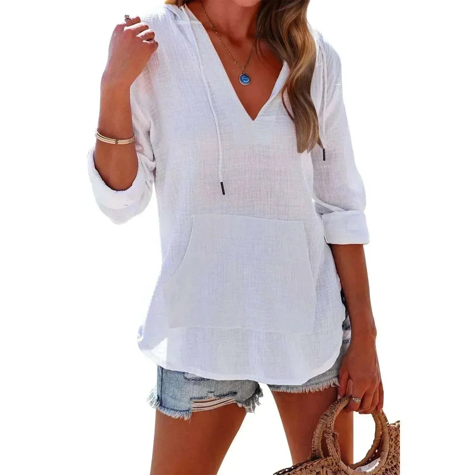 Women's V-Neck Hooded Cotton Split Shirt - ZA-Zola