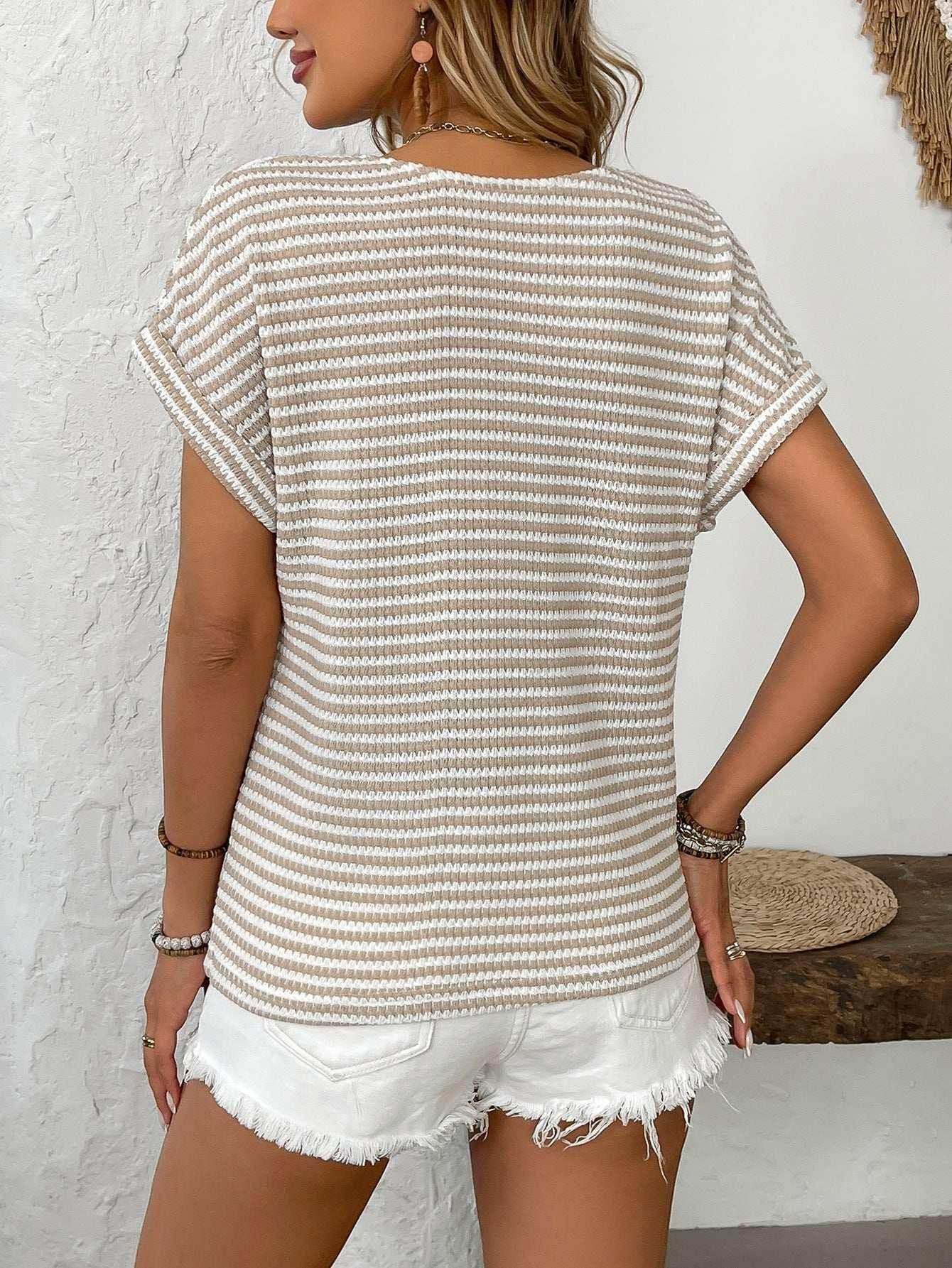 V-Neck Patchwork Knit Button T-shirt for Women - ZA-Zola
