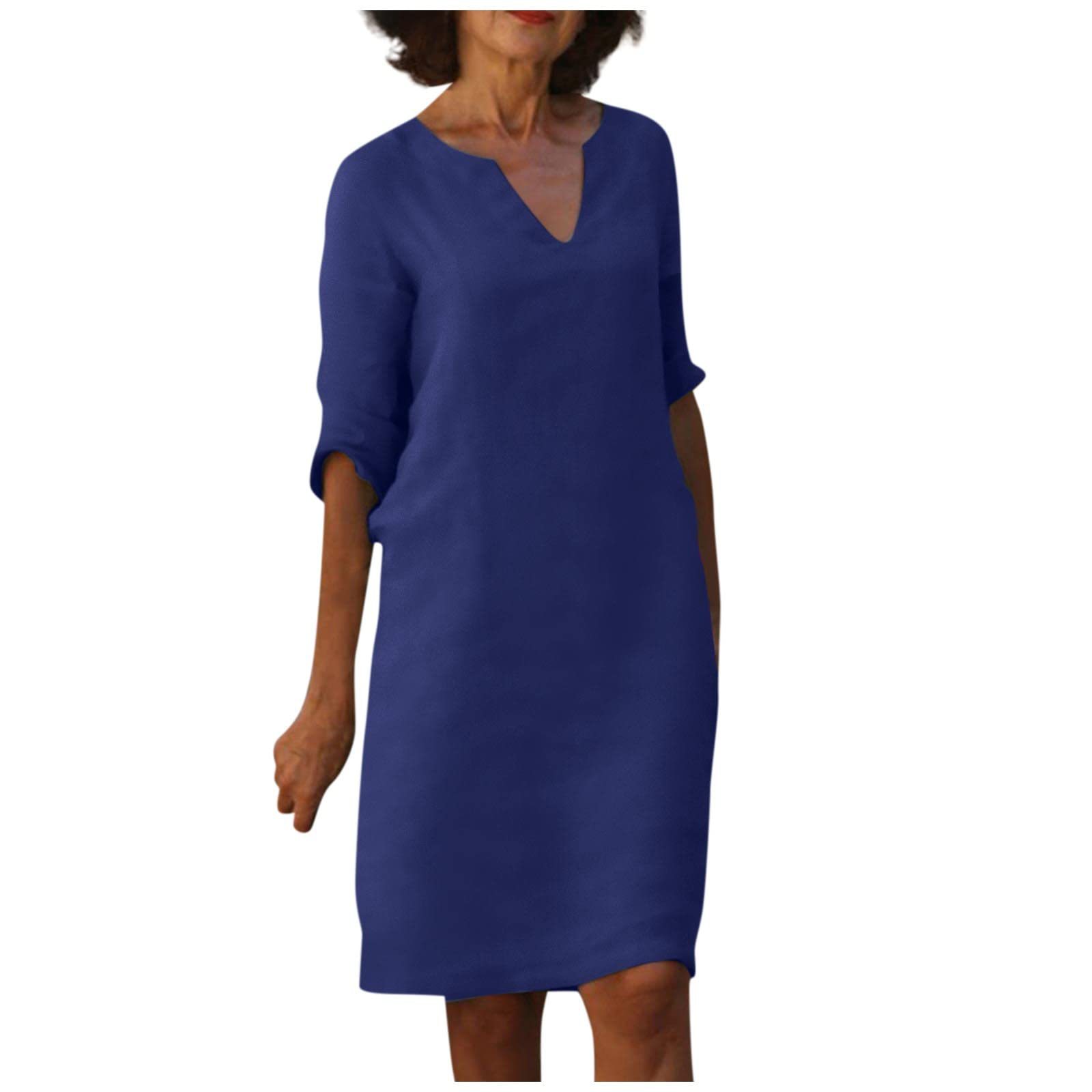 Cotton Linen V-Neck High Waist Retro Summer Dress – A-Line Solid Colour Mid-Length