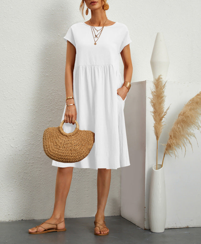 Summer Short Sleeve Round Neck A-Line Dress With Pockets Women Solid Casual Cotton Summer Dress