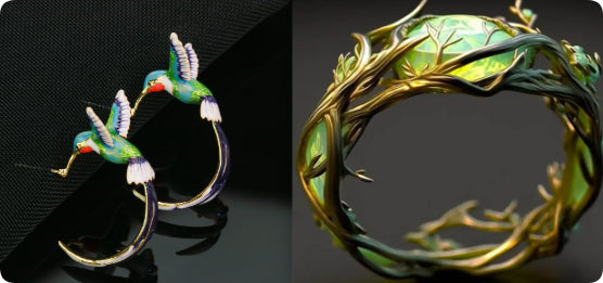 Pair of colorful bird-shaped earrings and a green gemstone ring with gold accents on a dark background.
