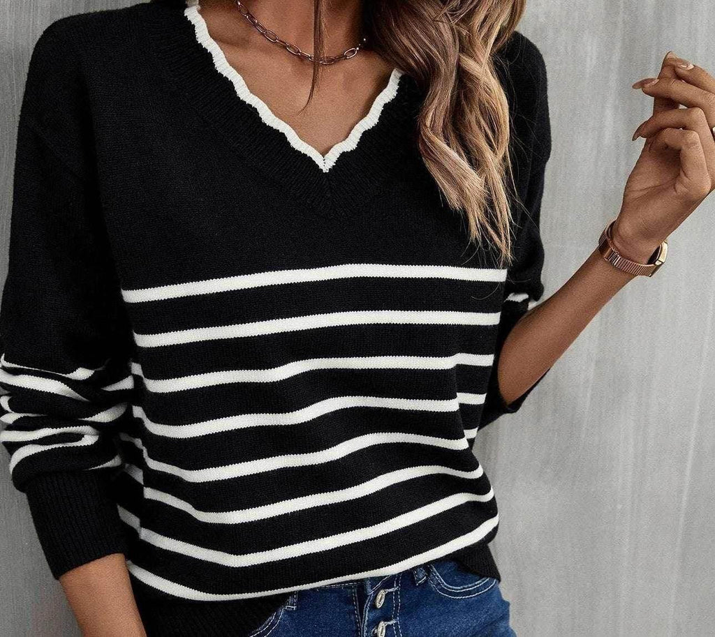 V-Neck Striped Pullover Sweater for Women - ZA-Zola