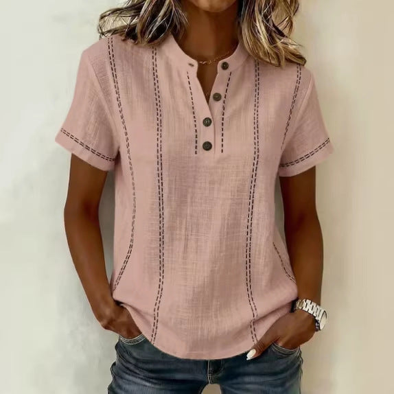 Striped Stand Collar V-Neck Button Blouse | Women's Top