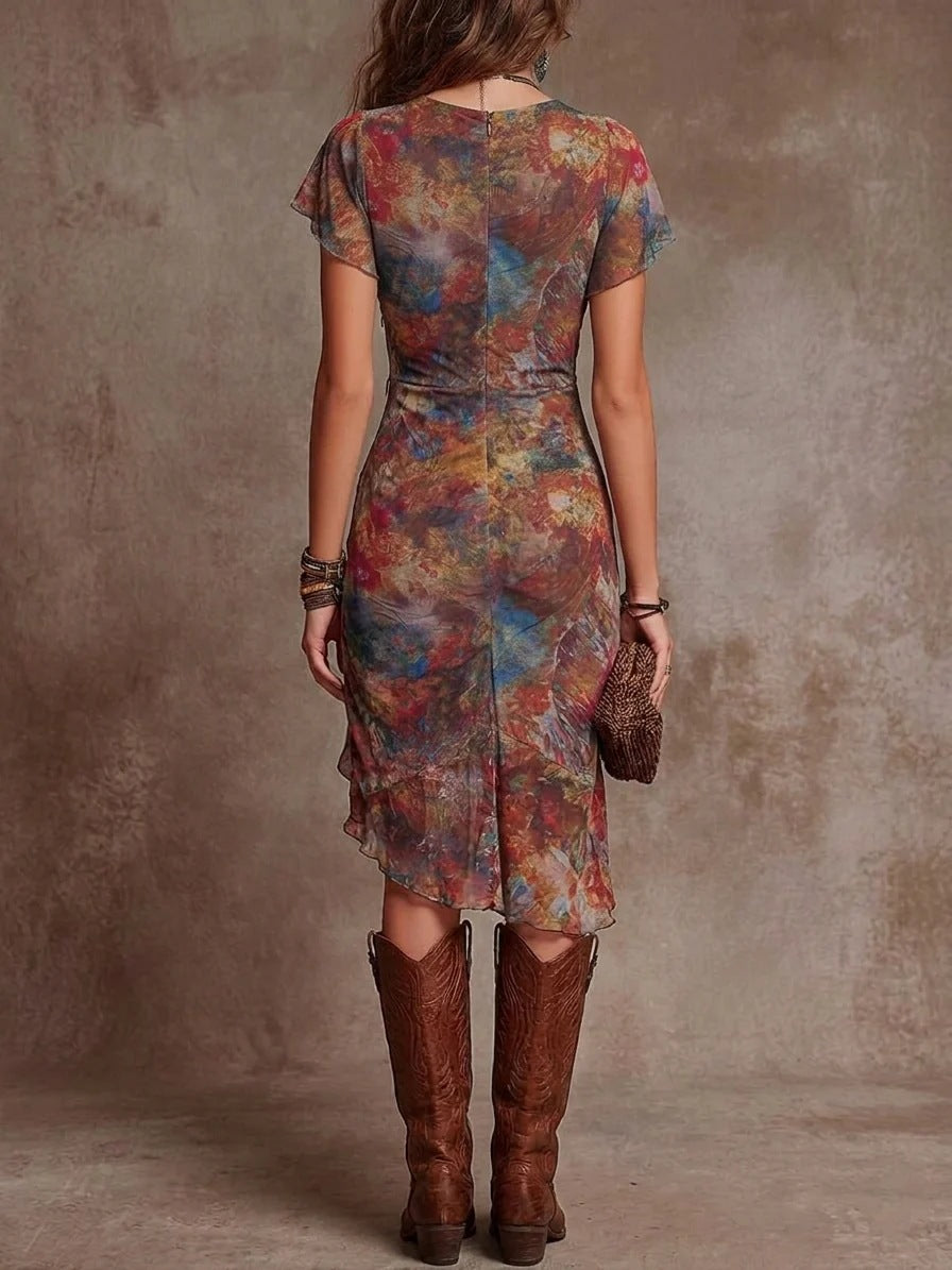 Women's Slim Fit Printed V-Neck Defined Waist Midi Dress