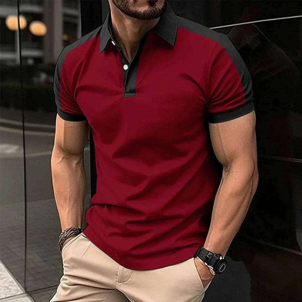 Man wearing a modern red and black polo shirt from ZA-Zola, stylish street fashion UK