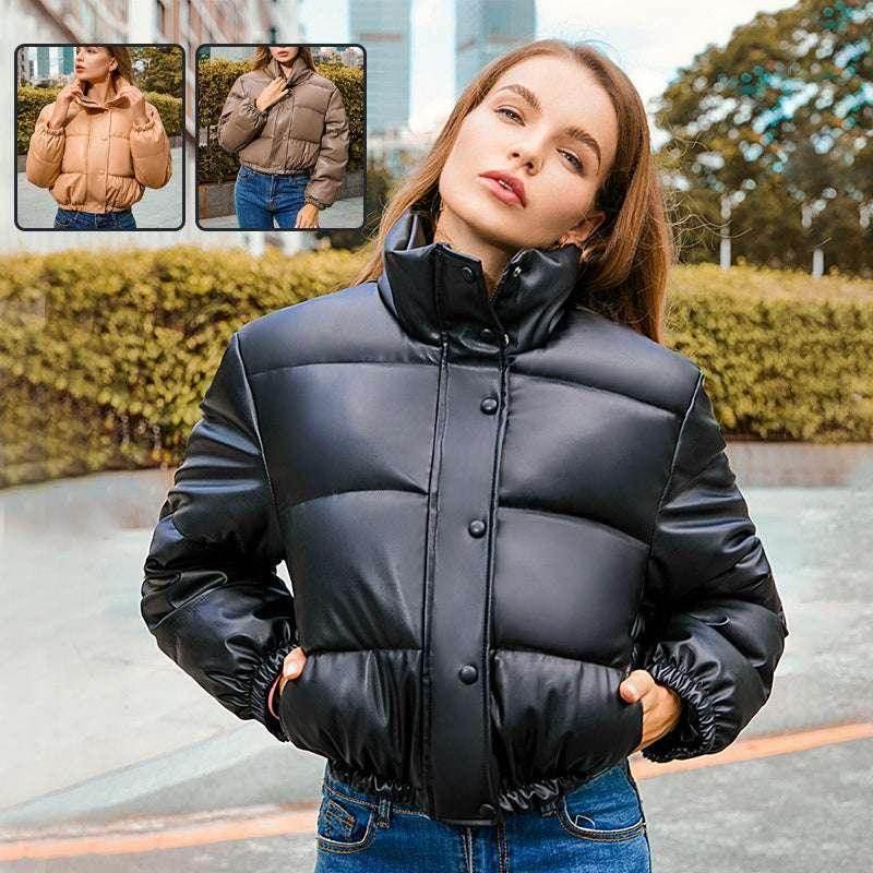 New Bread Winter Coat – Stand Collar Leather Jacket for Women - ZA-Zola