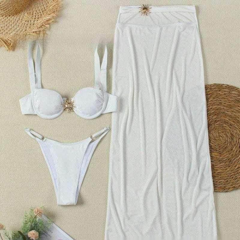 White Banded Bikini – 3-Piece Swimsuit with Skirt - ZA-Zola