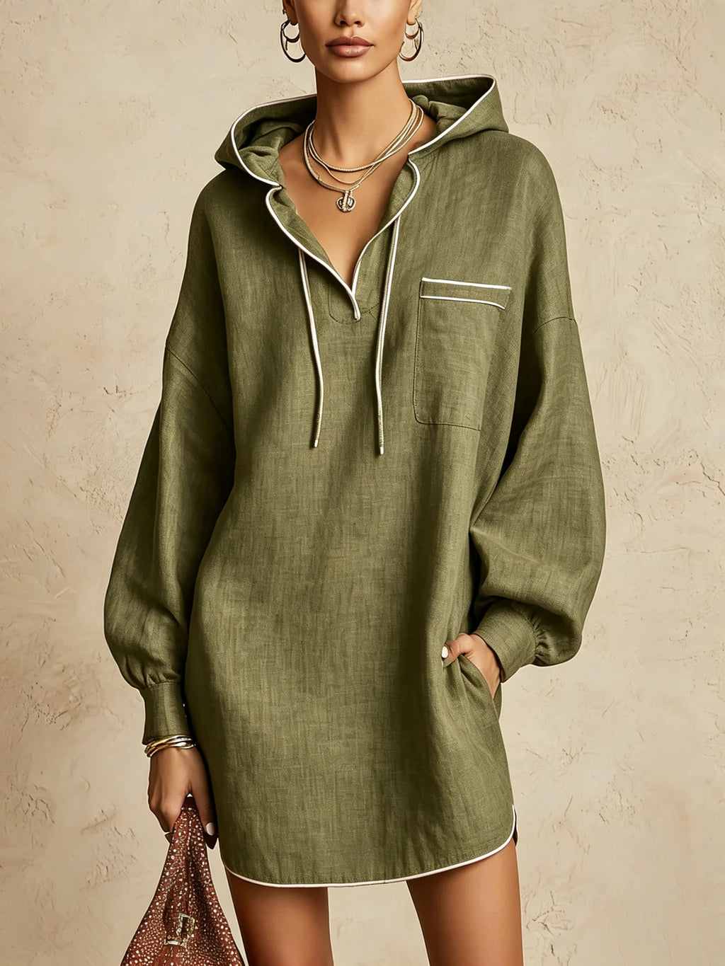 An oversized olive green hooded sweatshirt dress with white contrast piping and drawstrings, worn by a model against a textured beige wall.