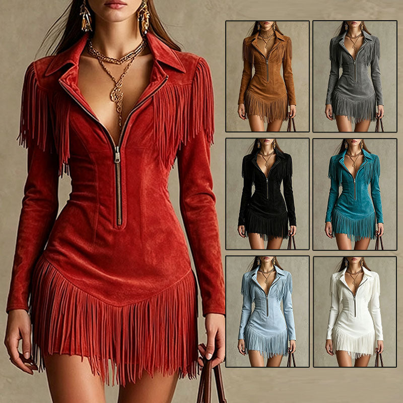 A woman models a red suede-look fringe mini dress with a half-zip front and collar, shown alongside six smaller color variants in brown, gray, black, teal, light blue, and white on a beige background.