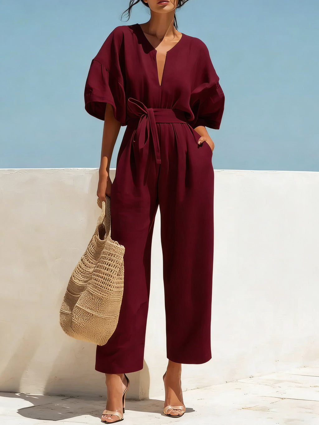 Fashionable V-Neck Cotton Linen Jumpsuit for Women – Solid Color Wide Leg