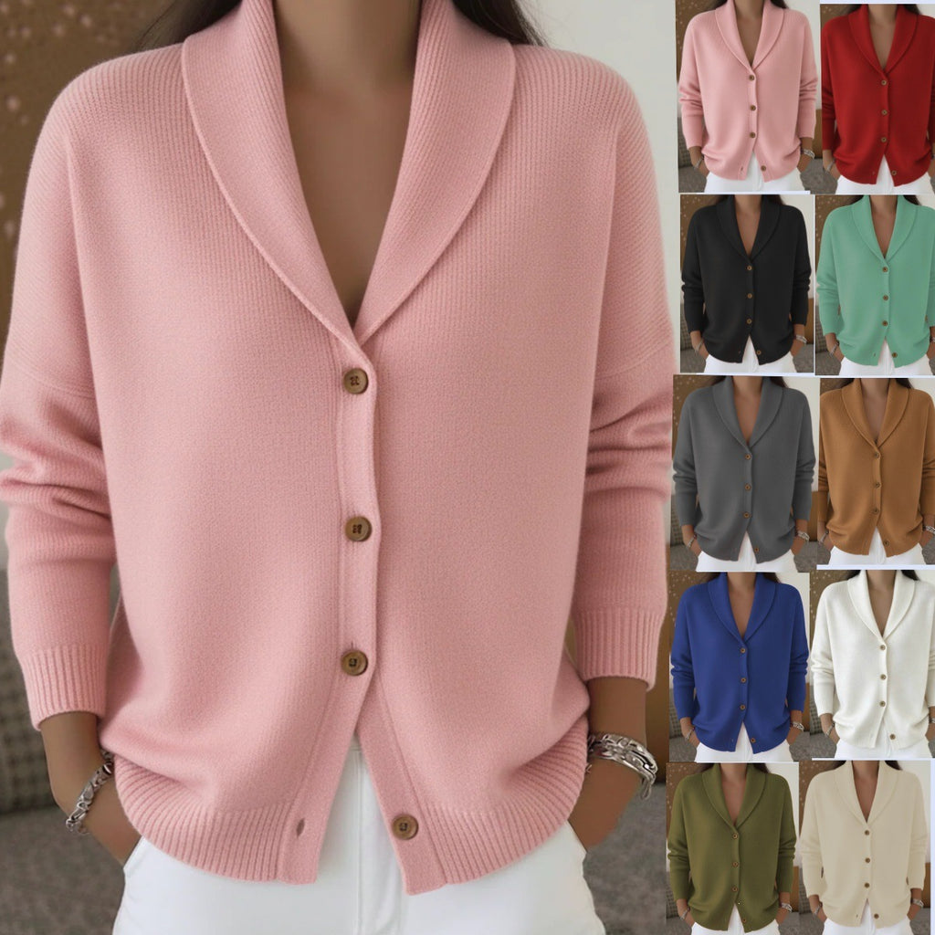 Pink cardigan worn by a person with a grid of various cardigans in different colors.