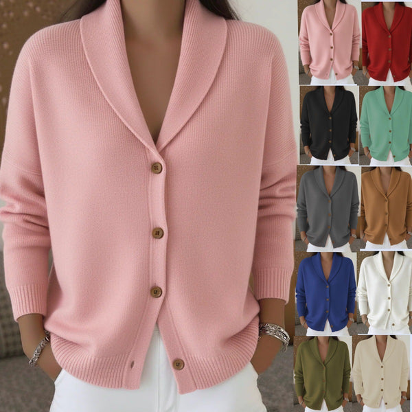 Pink cardigan worn by a person with a grid of various cardigans in different colors.