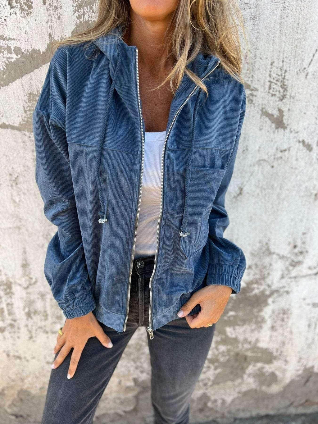 Women's Corduroy Hooded Zip-Up Jacket - ZA-Zola