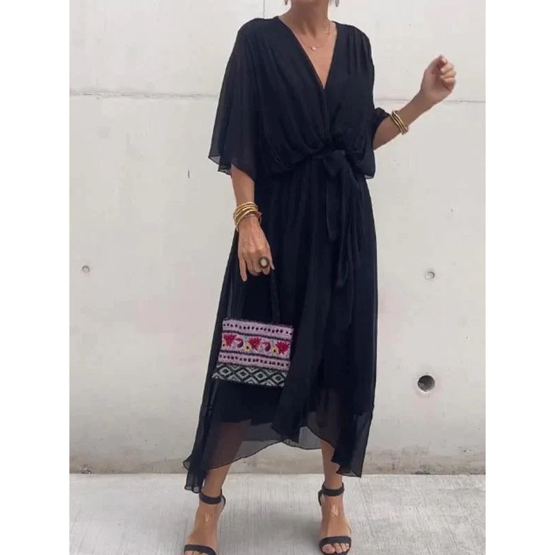 Batwing Sleeve V Neck Irregular Summer Dress Women Pure Color Tied Long Flowing Elegant Casual Womens Clothing