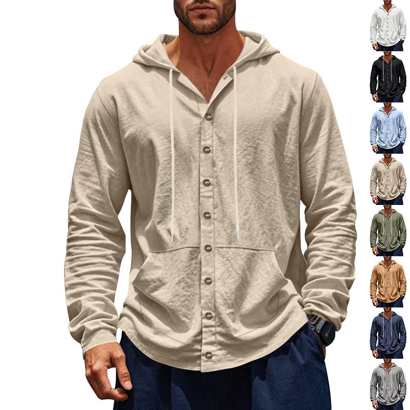 Beige hoodie with button details worn by a person on a white background