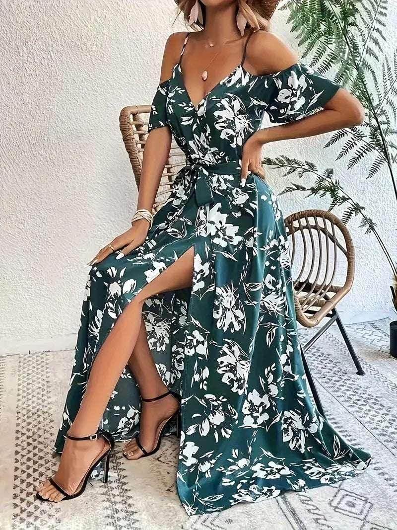 Ins Off-Shoulder Split Dress – Floral Summer Suspender Maxi with Belt - ZA-Zola