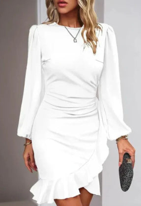 Puff Sleeve Mini Dress – Solid Color Long Sleeve Slim Fit Short Dress for Women