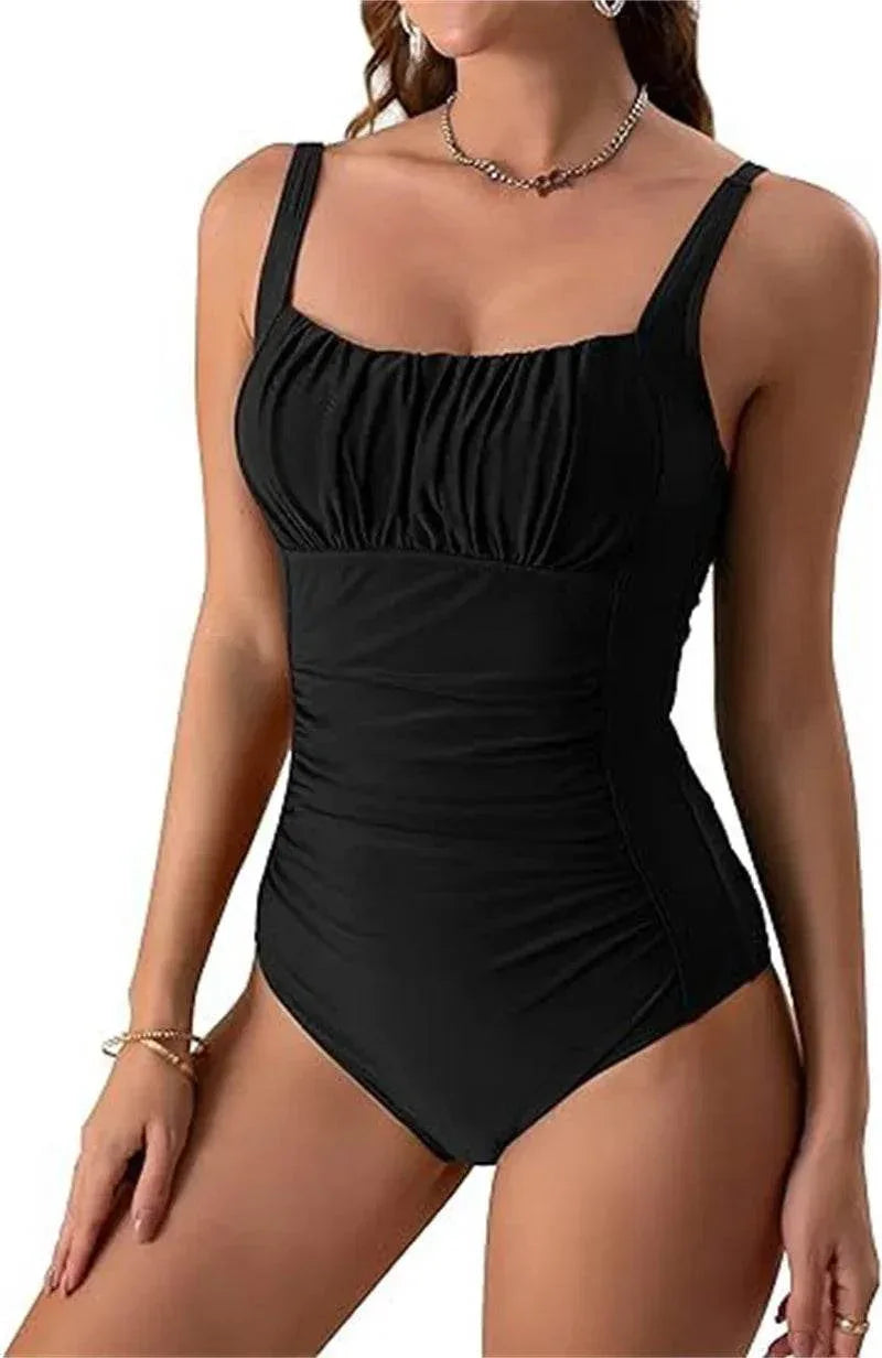 Square Neck Pleated Swimsuit – Beach Vacation Ready - ZA-Zola