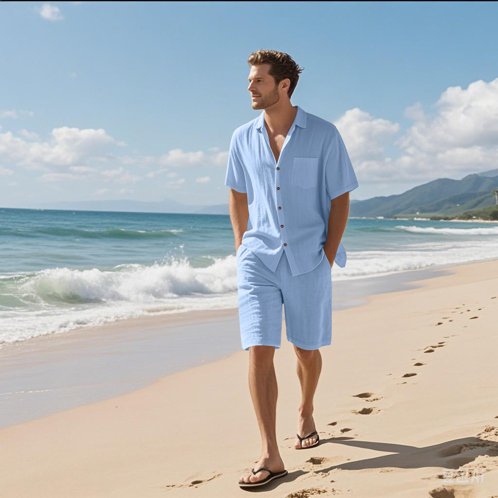 Man in light blue outfit standing on a beach with ocean and mountains in the background